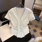 T-shirt tricoté pour femmes uni à volants printemps été col en V élégant vêtements pour femmes à simple boutonnage t-shirts adorables