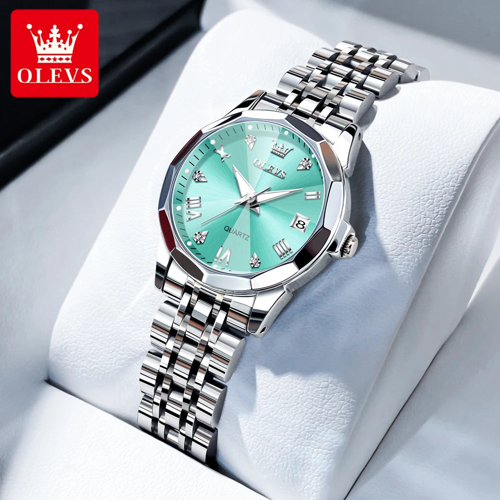 Montres pour femmes OLEVS élégantes et luxueuses avec bracelet en acier inoxydable, montre-bracelet à quartz originale pour homme, étanche, lumineuse, avec date, tendance habillée