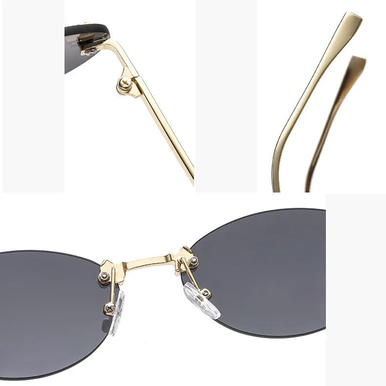 Lunettes de soleil de créateur de marque de luxe sans monture pour femmes, ovales rétro de petite taille, monture métallique, lunettes de soleil pour extérieur, style décontracté vacances, UV400 #300371