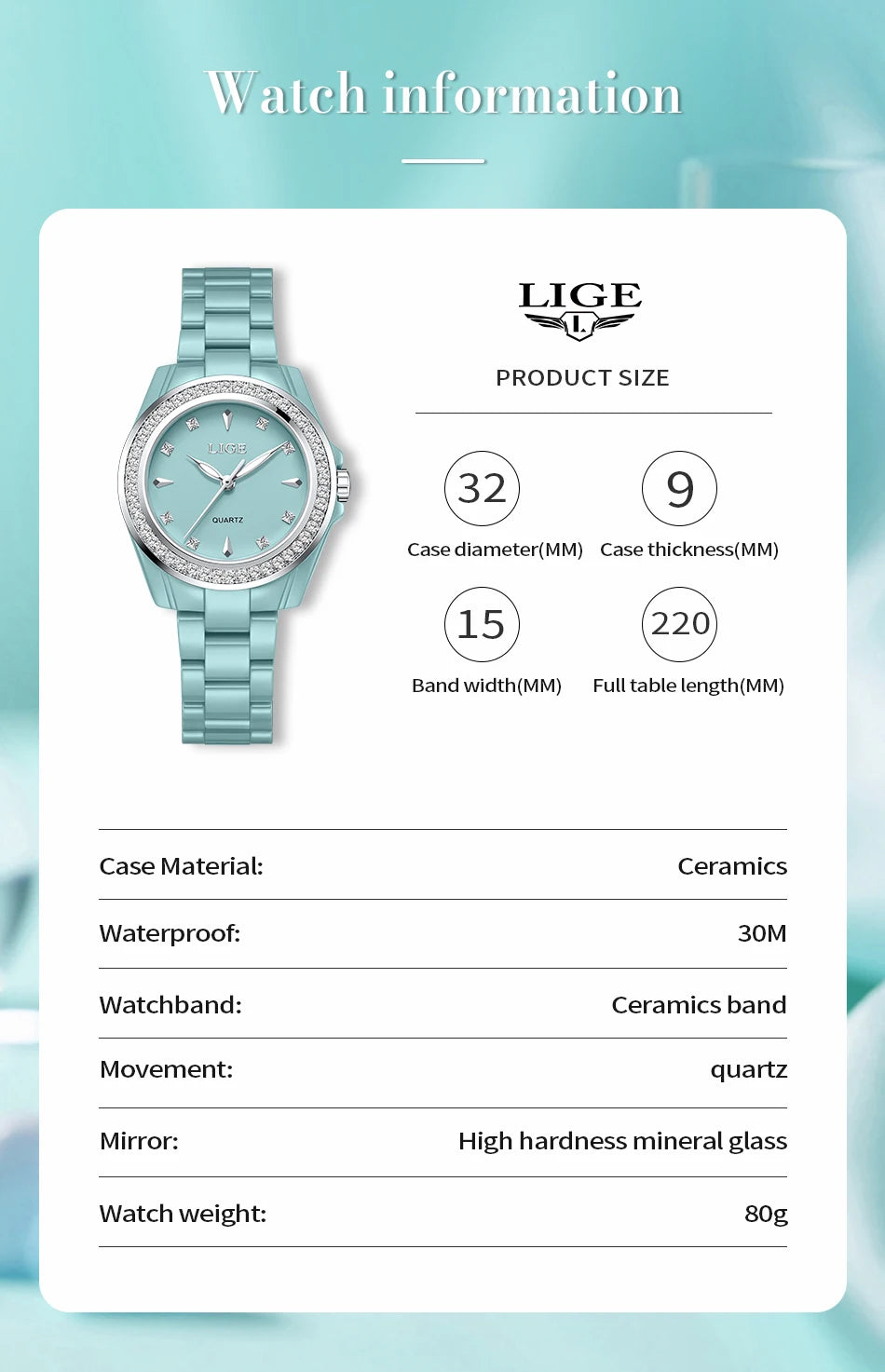 Montre pour femme LIGE 2026 nouvelle montre élégante en céramique à quartz, montre tendance étanche avec affichage lumineux, montre-bracelet pour femme + BOÎTE