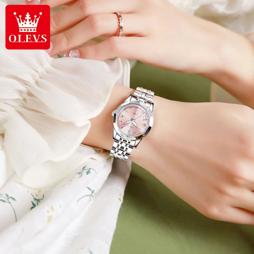 Montres pour femmes OLEVS élégantes et luxueuses avec bracelet en acier inoxydable, montre-bracelet à quartz originale pour homme, étanche, lumineuse, avec date, tendance habillée