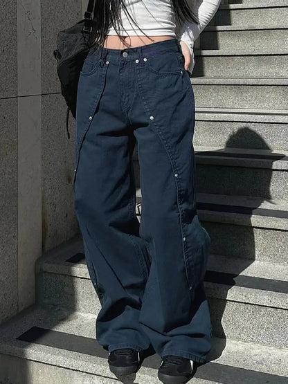 Jeans pour femme vêtements Y2K pantalon ample coupe décontractée à jambe large style rétro américain vintage avec design patchwork à rivets et fente