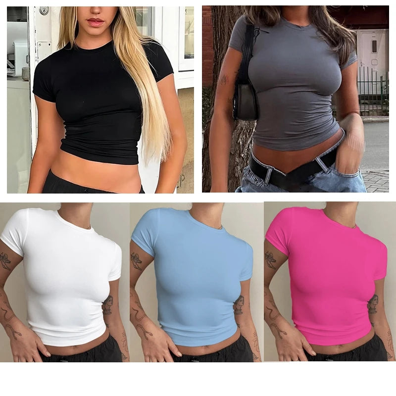 Vêtements pour femme T-shirt à manches courtes haut slim fit pour femmes col rond tee-shirt moulant en maille style streetwear sexy sportif 2024 Y2K nouveau 2410