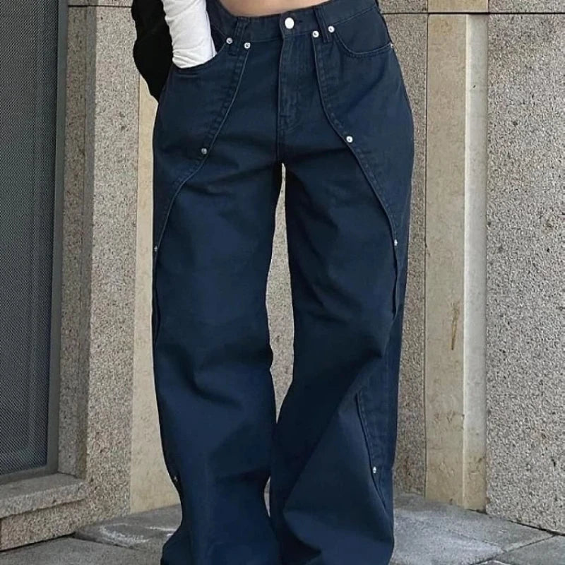 Jeans pour femme vêtements Y2K pantalon ample coupe décontractée à jambe large style rétro américain vintage avec design patchwork à rivets et fente