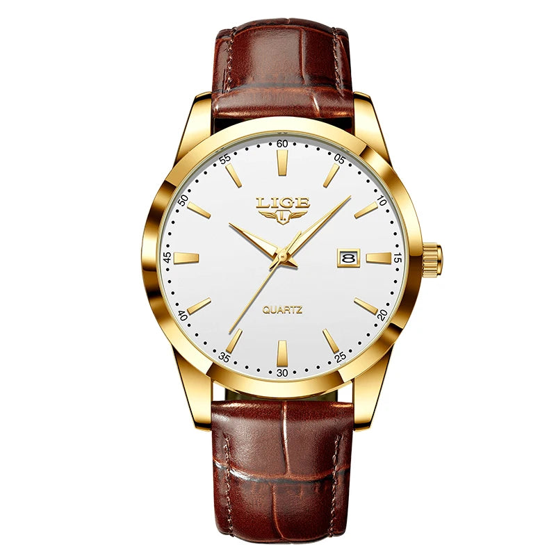 Montre Homme LIGE Nouvelle Montre de Luxe en Cuir Marron pour Homme, Montre Homme Mode Business, Montre Sport d’Extérieur Étanche à Quartz pour Homme