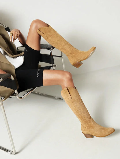 Bottes de chevalier à bout pointu pour femmes en cuir PU marron, bottes hautes jusqu’au genou pour femme, style western cowboy automne-hiver, longues bottes mujer 2024