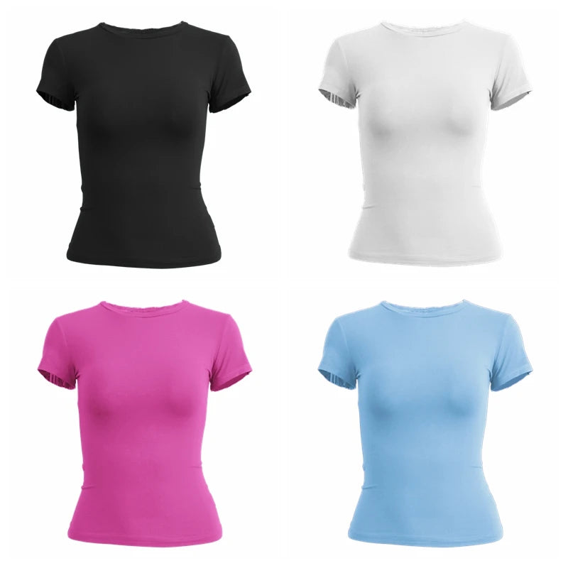 Vêtements pour femme T-shirt à manches courtes haut slim fit pour femmes col rond tee-shirt moulant en maille style streetwear sexy sportif 2024 Y2K nouveau 2410