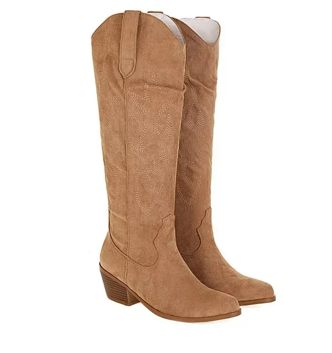Bottes de chevalier à bout pointu pour femmes en cuir PU marron, bottes hautes jusqu’au genou pour femme, style western cowboy automne-hiver, longues bottes mujer 2024