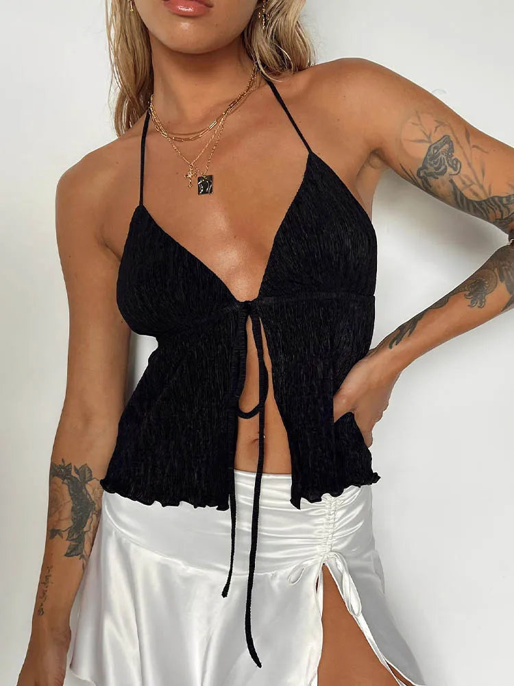 Hauts courts à col licou pour femmes été, hauts verts de couleur unie style bandage à devant ouvert, dos nu et sans manches, streetwear Y2K