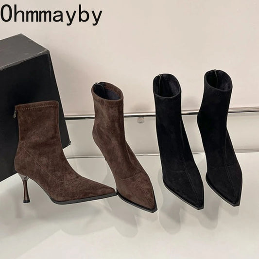 Bottines à talons hauts pour femmes à bout pointu, chaussures élégantes et tendance pour danse et soirées, bottines courtes slim extensibles pour femmes, automne-hiver