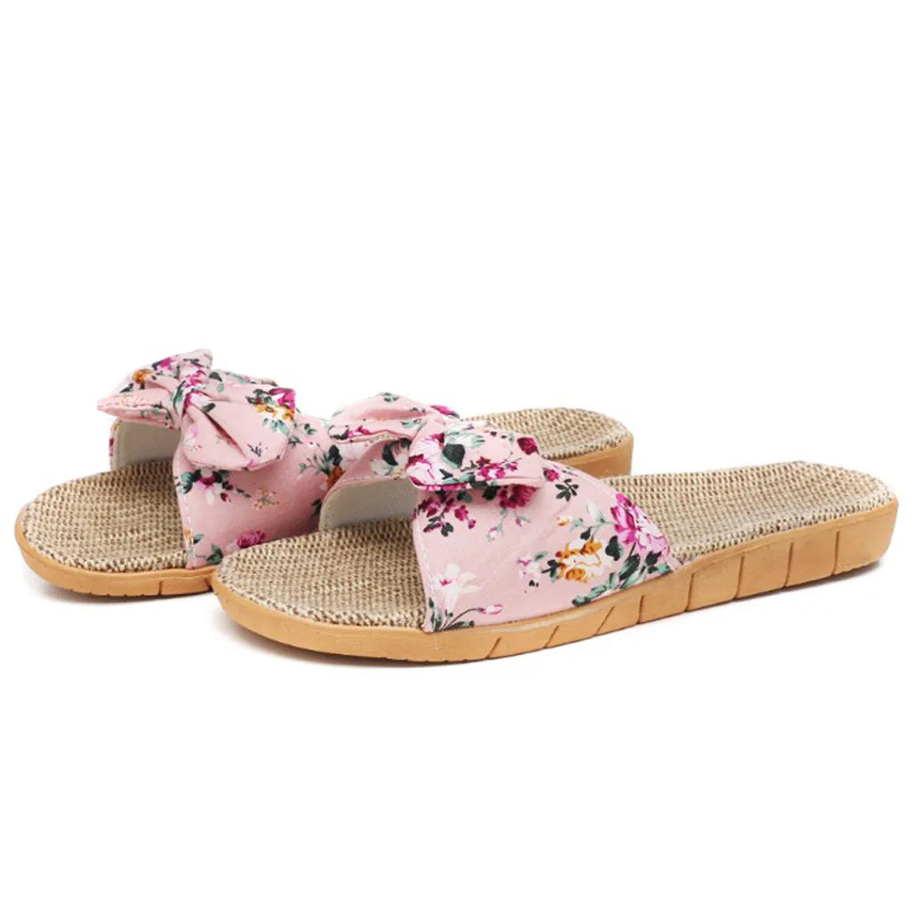 Chaussures pour femme Sandales Mujer Femmes Féminines Nœud décoratif Lin en toile Tongs Chaussures de plage Sandales Pantoufles Chaussures Femme