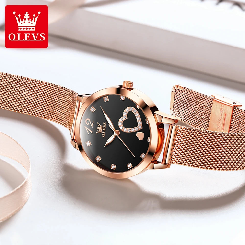 Montre pour femme OLEVS 5189, montre-bracelet à quartz, montre décontractée et tendance pour dames, étanche, lumineuse, bracelet en maille, cadran cœur, index en zircon.