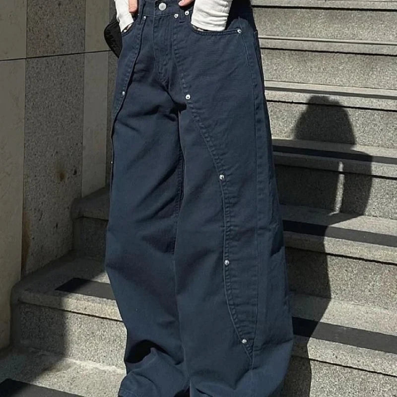 Jeans pour femme vêtements Y2K pantalon ample coupe décontractée à jambe large style rétro américain vintage avec design patchwork à rivets et fente