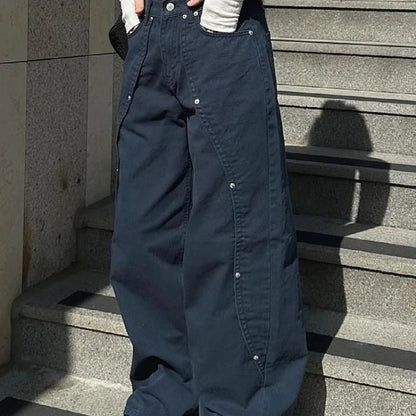 Jeans pour femme vêtements Y2K pantalon ample coupe décontractée à jambe large style rétro américain vintage avec design patchwork à rivets et fente