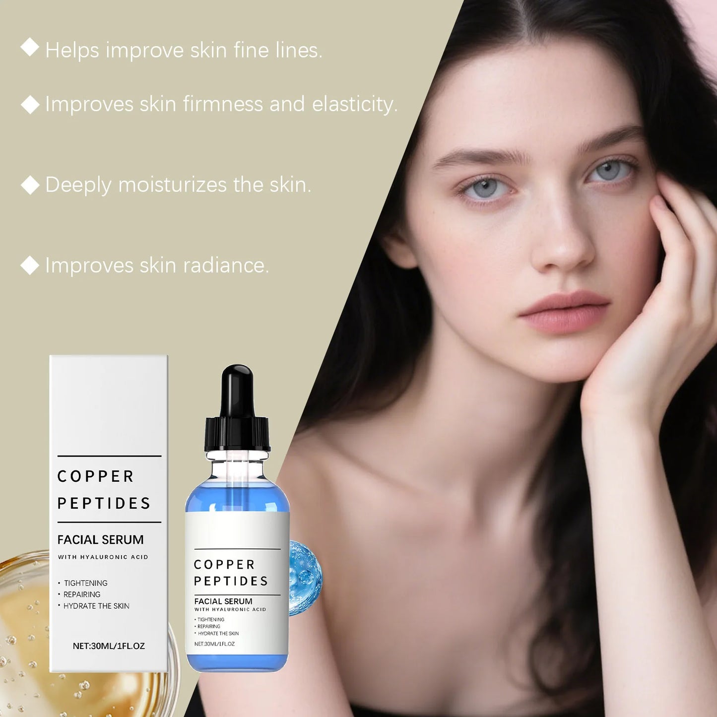 Sérum aux peptides de cuivre anti-rides, antioxydant, raffermissant, réparateur de la barrière cutanée, hydratation profonde, sérum visage à l’acide hyaluronique 30 ml
