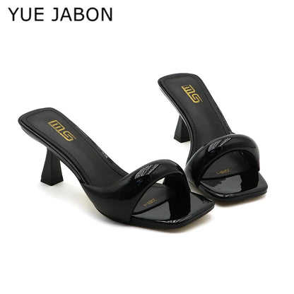 Nouvelles pantoufles pour femmes, sexy, en cuir, à bride arrière, talons aiguilles style romain, élégantes, talon original, bout carré, satinées, à enfiler, chaussures femme Zapatillas