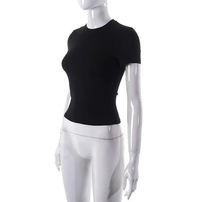 Nouveau t-shirt à manches courtes pour femmes printemps 2024, uni, simple, décontracté, doux, facile à assortir, tendance, haut court basique, t-shirt mode été.