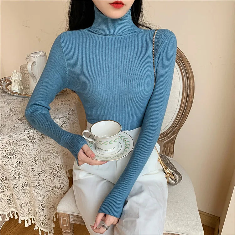 Pull femme automne-hiver 2026 à manches longues en maille, col roulé rabattable côtelé, doux et chaud, jumper pullover vêtements pour femme