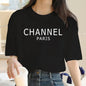 Marque de luxe, T-shirt graphique pour femmes lavable en machine, mode décontractée et élégante CHANNEL, haut à col rond à manches courtes, vêtements pour femmes
