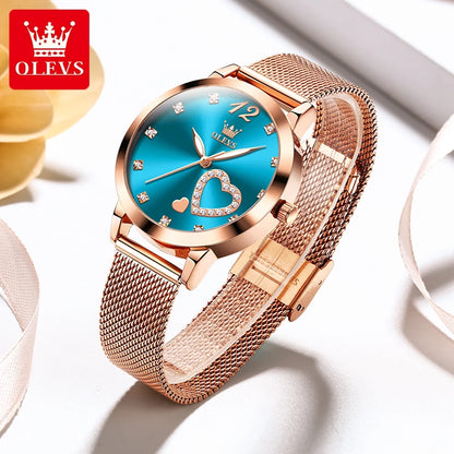 Montre pour femme OLEVS 5189, montre-bracelet à quartz, montre décontractée et tendance pour dames, étanche, lumineuse, bracelet en maille, cadran cœur, index en zircon.