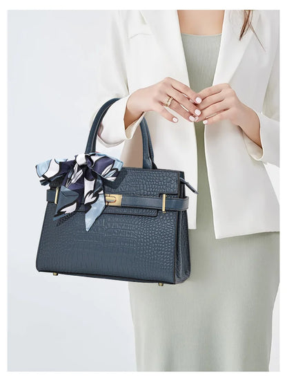 Sac à main pour femme en cuir véritable de vachette, convertible en port bandoulière et épaule, avec foulard en soie, sac fourre-tout à motif crocodile