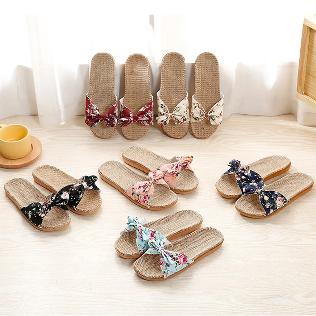 Chaussures pour femme Sandales Mujer Femmes Féminines Nœud décoratif Lin en toile Tongs Chaussures de plage Sandales Pantoufles Chaussures Femme
