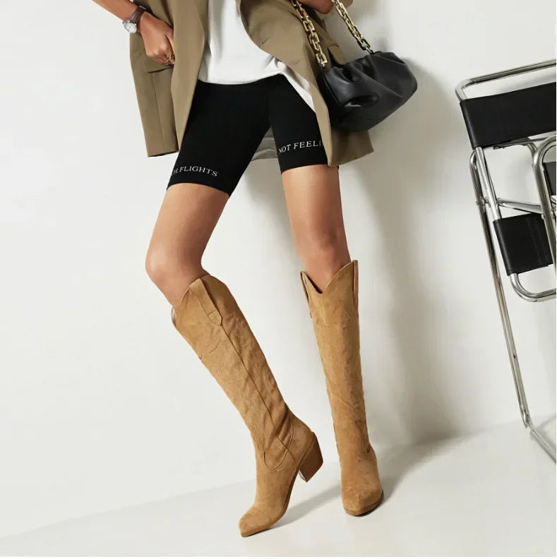 Bottes de chevalier à bout pointu pour femmes en cuir PU marron, bottes hautes jusqu’au genou pour femme, style western cowboy automne-hiver, longues bottes mujer 2024