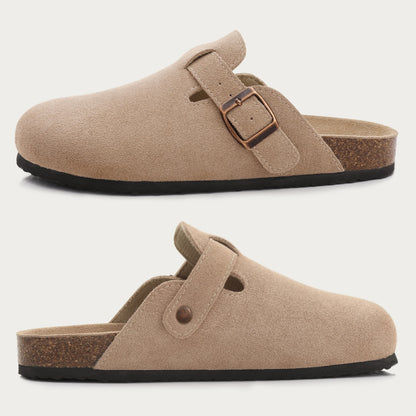 Mules en daim pour femmes Comwarm Fashion, pantoufles, sabots pour hommes, sandales à semelle intérieure en liège avec soutien de la voûte plantaire, claquettes d’extérieur pour la plage, chaussures d’intérieur
