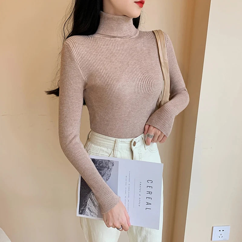 Pull femme automne-hiver 2026 à manches longues en maille, col roulé rabattable côtelé, doux et chaud, jumper pullover vêtements pour femme