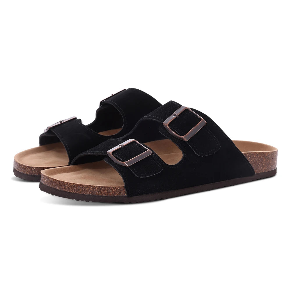 Mules en daim pour femmes Comwarm Fashion, pantoufles, sabots pour hommes, sandales à semelle intérieure en liège avec soutien de la voûte plantaire, claquettes d’extérieur pour la plage, chaussures d’intérieur