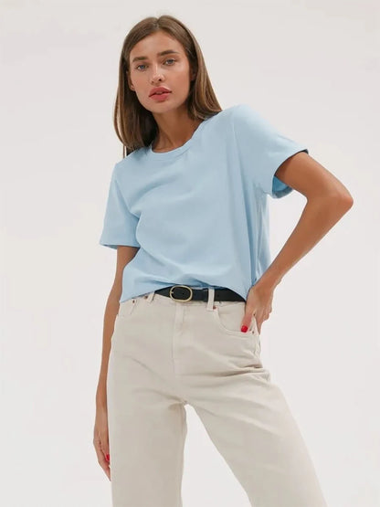 Bornladies Summer T-shirt femme 100 % coton, basique, tendance, uni, manches courtes, haut à superposer ample, 230 g/m², hauts et chemises