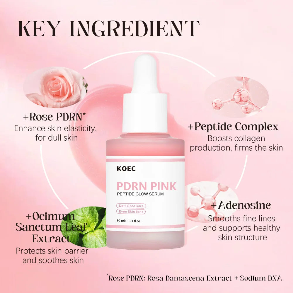 Sérum facial éclat rose PDRN aux peptides roses KOEC 30 ml, soin des taches brunes, unifie le teint, améliore l’élasticité, lisse et raffermit, adénosine