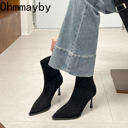 Bottines à talons hauts pour femmes à bout pointu, chaussures élégantes et tendance pour danse et soirées, bottines courtes slim extensibles pour femmes, automne-hiver
