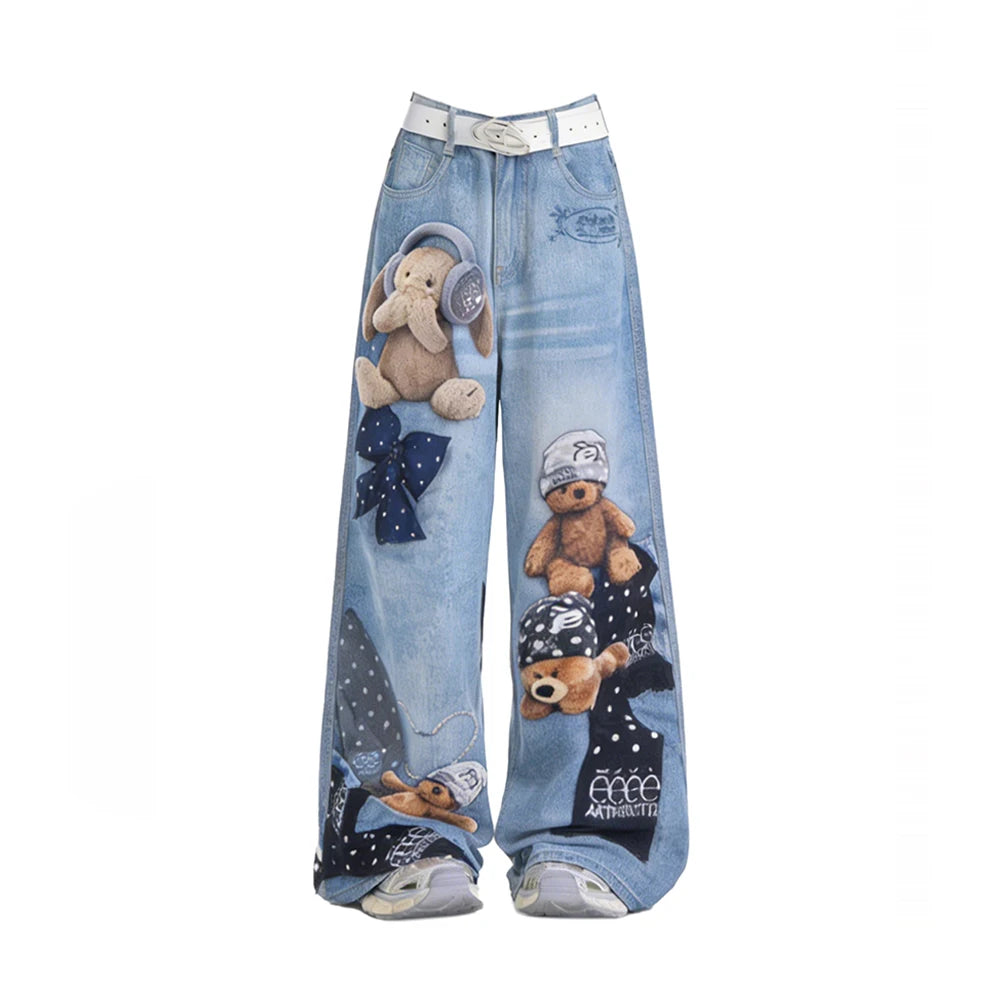 Jean large bleu Y2K pour femme à imprimé ours et graffiti, pantalon en jean vintage Harajuku baggy grunge, vêtements alternatifs