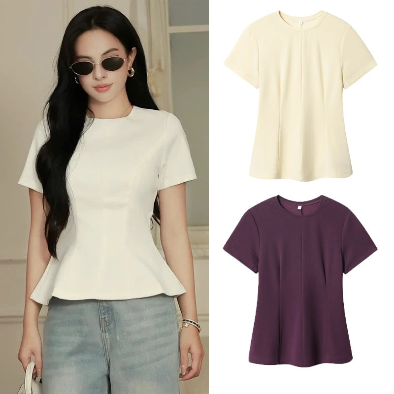 T-shirt femme d'été beige violet à manches courtes, haut élégant féminin plissé effet amincissant, nouveau haut femme printemps 2026