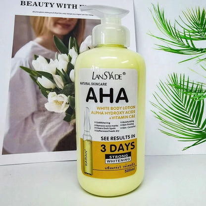 Lotion corporelle blanchissante 500 ml aux acides hydroxy AHA, vitamines C et E, lotion corporelle hydratante éclaircissante, élimine les marques d’acné, soin de la peau