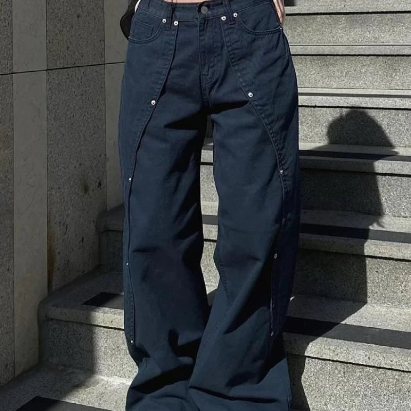 Jeans pour femme vêtements Y2K pantalon ample coupe décontractée à jambe large style rétro américain vintage avec design patchwork à rivets et fente