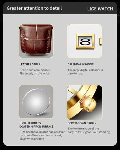 Montre Homme LIGE Nouvelle Montre de Luxe en Cuir Marron pour Homme, Montre Homme Mode Business, Montre Sport d’Extérieur Étanche à Quartz pour Homme