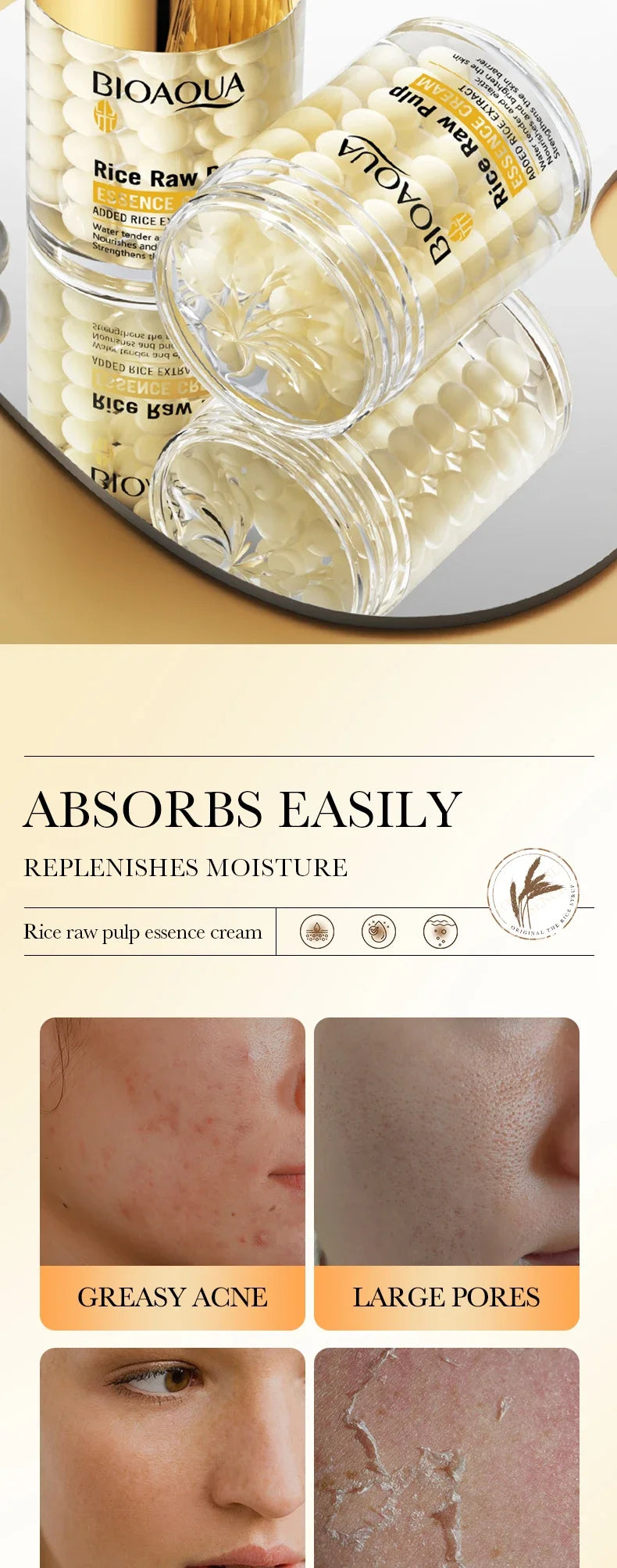Crème essence hydratante profonde au riz BIOAOUA, crème visage éclaircissante et hydratante, crème raffermissante et rajeunissante, soin de la peau pour femmes
