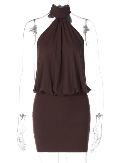 Robe mini Hugcitar Fashion à col licou, unie, sans manches, dos nu, bandage, froncée, sexy et moulante, vêtements d’été pour fête, vacances et club.