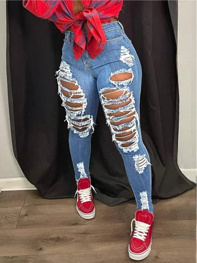 Jeans à trous pour femmes, pantalon crayon en denim, streetwear délavé, skinny extensible, taille haute, effet usé et déchiré, pantalon longueur cheville 2025