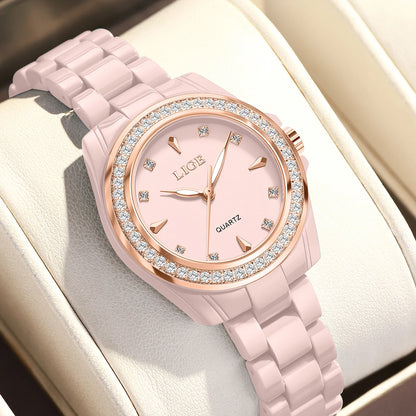 Montre pour femme LIGE 2026 nouvelle montre élégante en céramique à quartz, montre tendance étanche avec affichage lumineux, montre-bracelet pour femme + BOÎTE