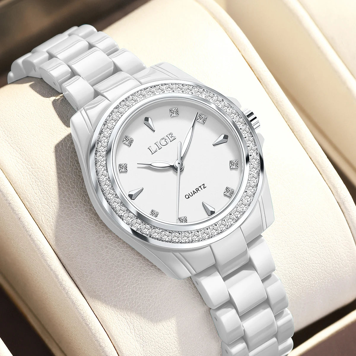 Montre pour femme LIGE 2026 nouvelle montre élégante en céramique à quartz, montre tendance étanche avec affichage lumineux, montre-bracelet pour femme + BOÎTE