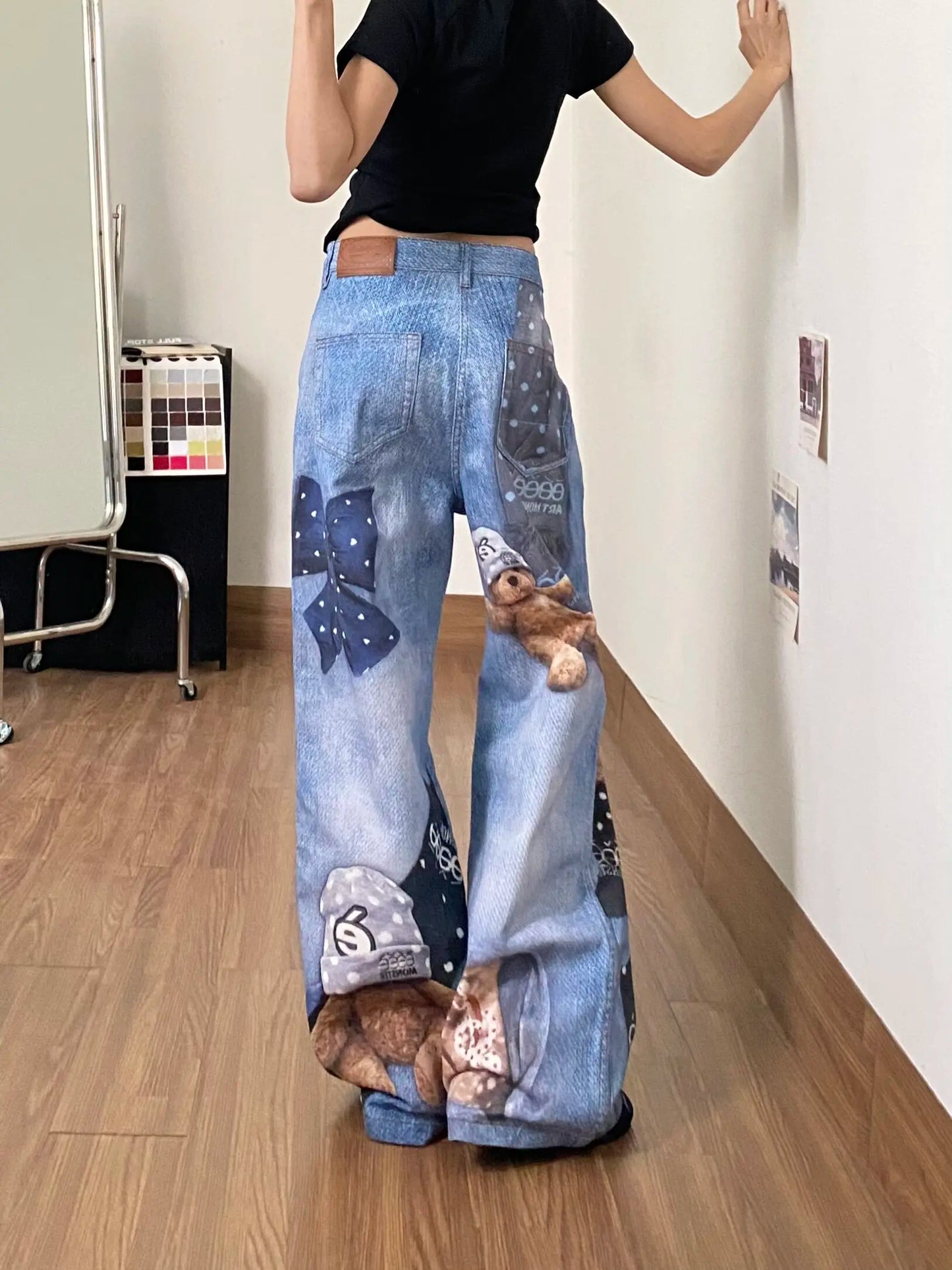 Jean large bleu Y2K pour femme à imprimé ours et graffiti, pantalon en jean vintage Harajuku baggy grunge, vêtements alternatifs