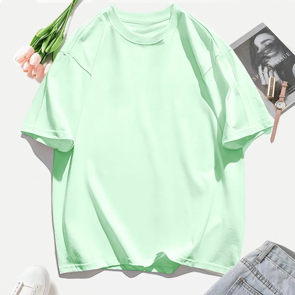 T-shirt femme Y2K 100 % coton, t-shirt décontracté de couleur unie, col rond, hauts d’été pour femmes, mode oversize, sportswear féminin tendance.