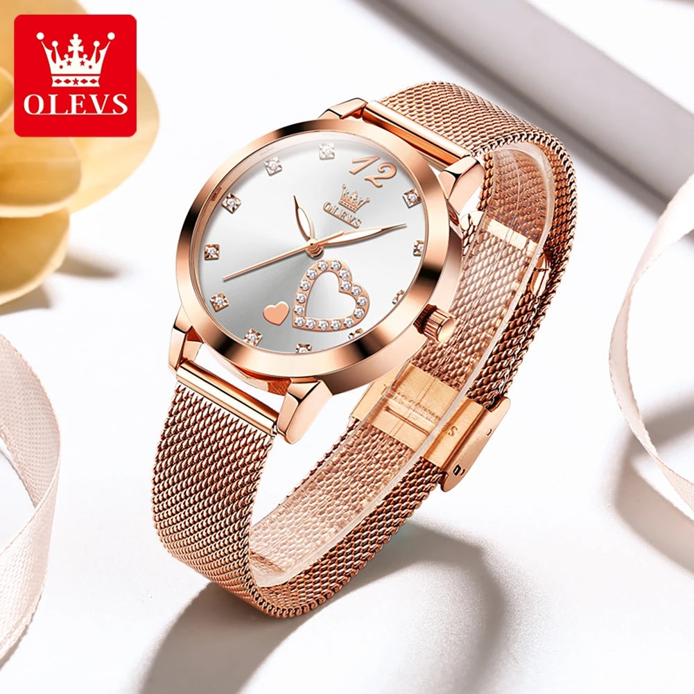Montre pour femme OLEVS 5189, montre-bracelet à quartz, montre décontractée et tendance pour dames, étanche, lumineuse, bracelet en maille, cadran cœur, index en zircon.
