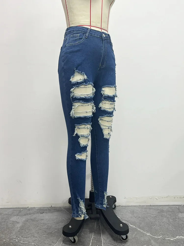 Jeans à trous pour femmes, pantalon crayon en denim, streetwear délavé, skinny extensible, taille haute, effet usé et déchiré, pantalon longueur cheville 2025
