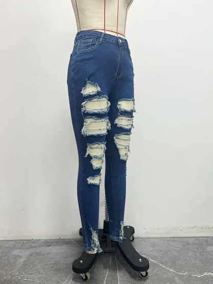 Jeans à trous pour femmes, pantalon crayon en denim, streetwear délavé, skinny extensible, taille haute, effet usé et déchiré, pantalon longueur cheville 2025