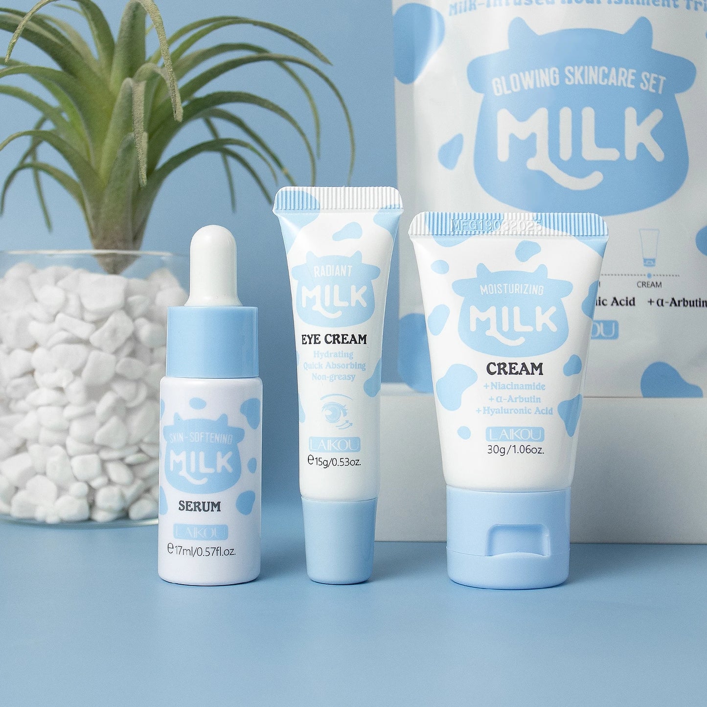 Coffret Trio Éclat au Lait LAIKOU – Kit de Nutrition Profonde, Soin Hydratant Non Gras avec Sérum, Crème Contour des Yeux et Crème Hydratante, Coffret Cadeau