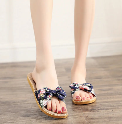 Chaussures pour femme Sandales Mujer Femmes Féminines Nœud décoratif Lin en toile Tongs Chaussures de plage Sandales Pantoufles Chaussures Femme